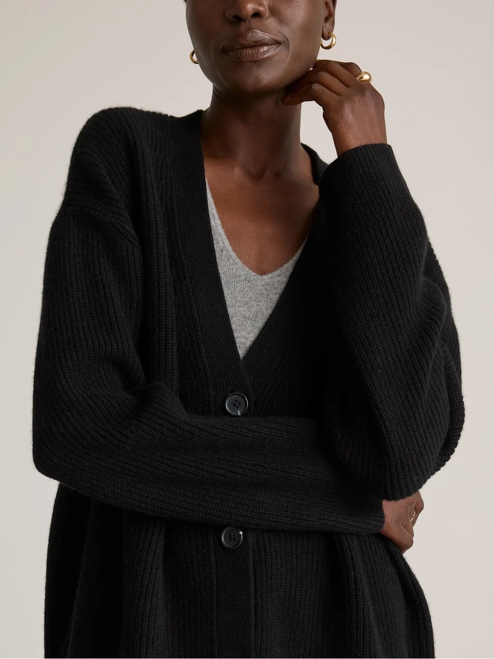 Quince 100% Mongolian Cashmere Oversized Boyfriend Cardigan Sweater Black XL